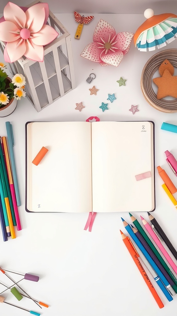 An open journal surrounded by colorful pens, flowers, and decorative items.