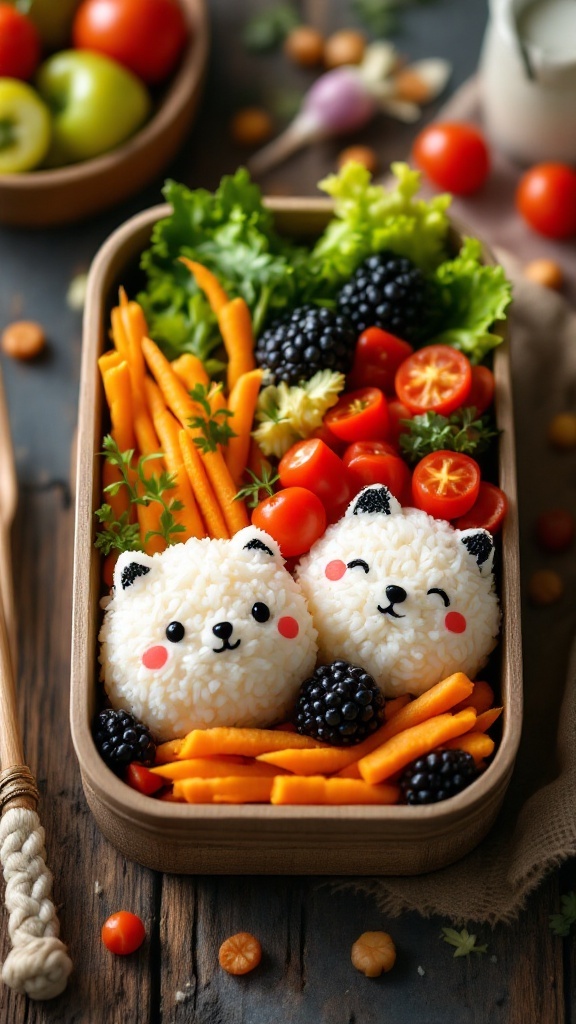 A bento box featuring cute animal-shaped rice balls, colorful vegetables, and fruits.