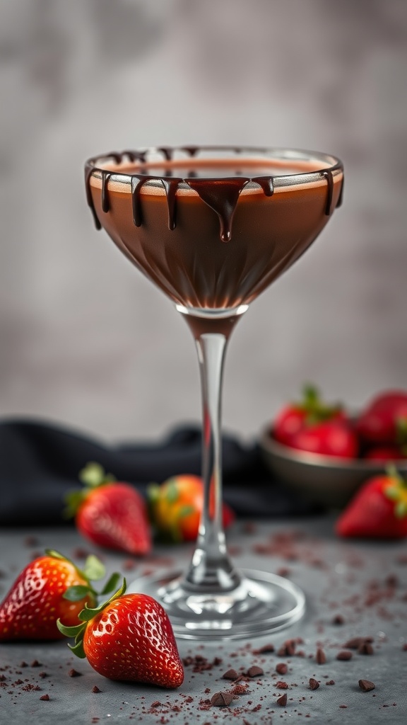 A cocktail glass filled with dark chocolate drink, drizzled with chocolate, beside fresh strawberries.