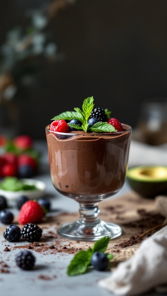 A glass of chocolate avocado mousse topped with mint and mixed berries.