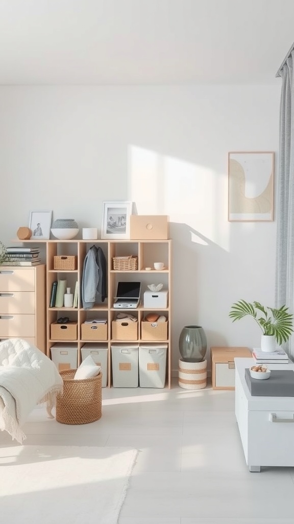 A bright and organized room featuring shelves with storage boxes, plants, and cozy decor.