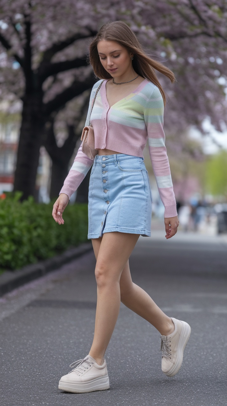 A young woman walking in a denim mini skirt and a cropped cardigan.