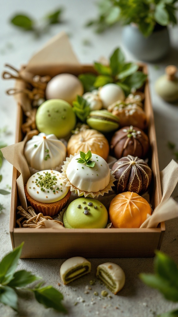 A wooden box filled with assorted matcha desserts and treats.