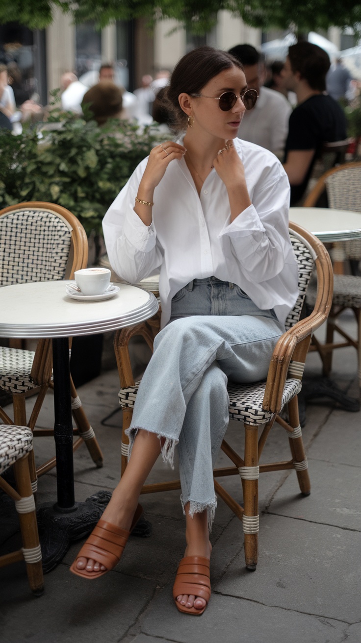 A young woman sitting at a café table, wearing a white shirt and ripped jeans, holding her hands on her lap with a cup of coffee nearby.