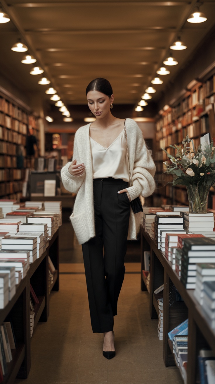 A chic woman in an oversized cardigan, standing by a shop window, wearing a silky top and black trousers.