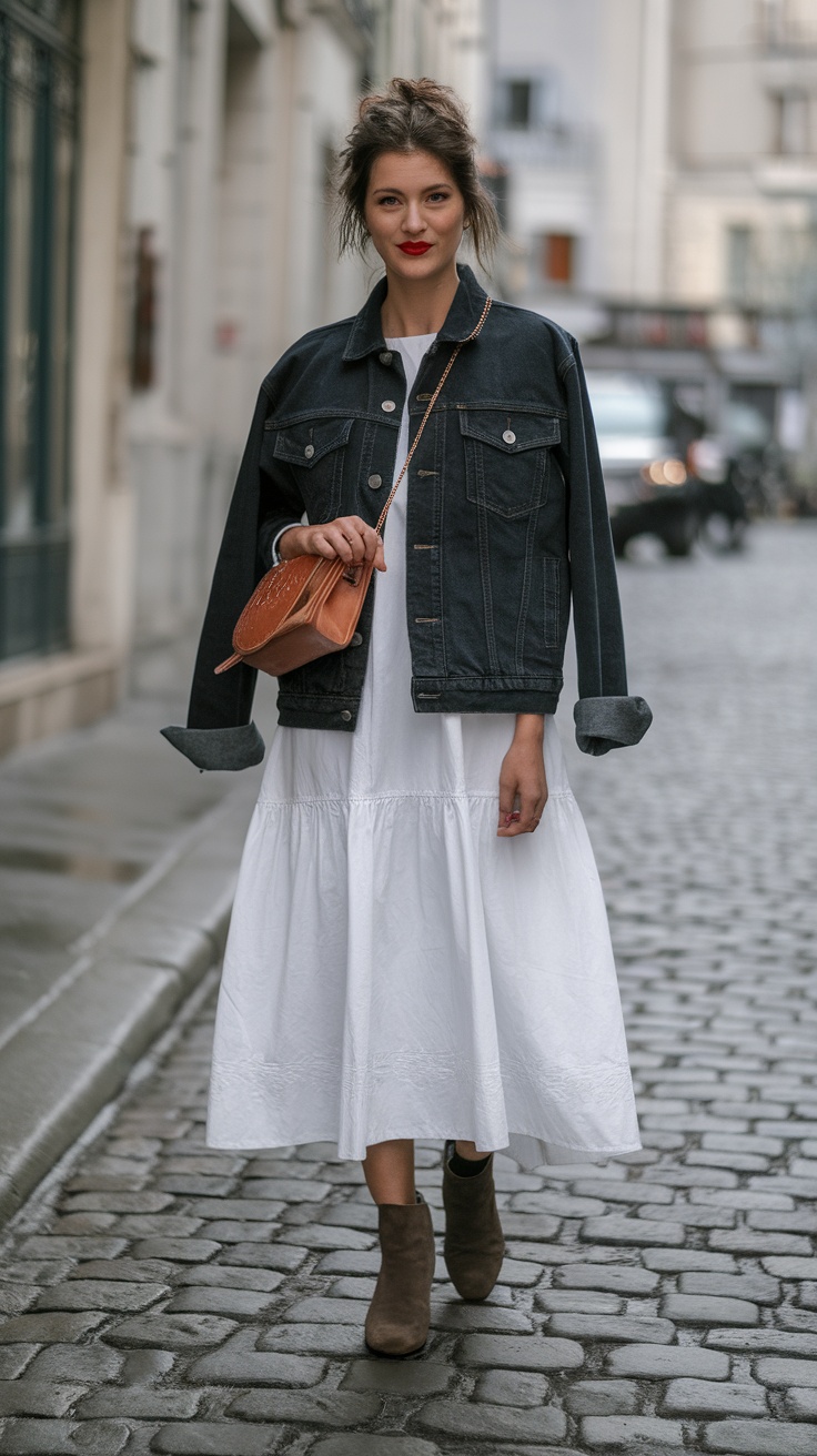 A woman wearing a denim jacket over a white dress, standing on a Paris street.