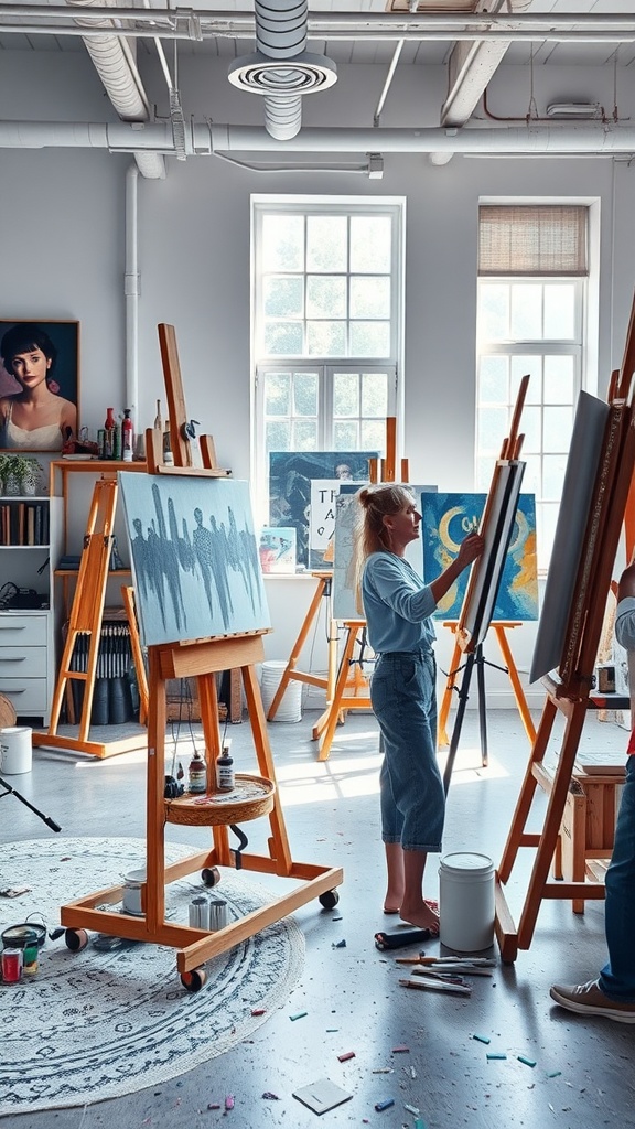 A bright art studio filled with easels and a person painting, with colorful art supplies scattered around.