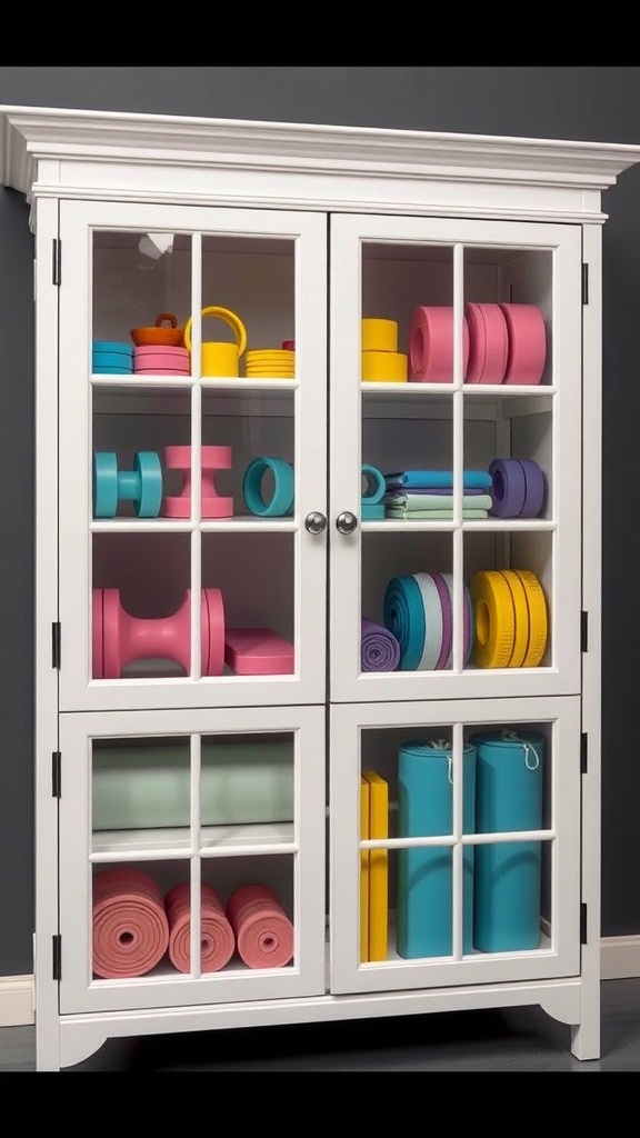 A stylish cabinet displaying neatly organized fitness equipment and yoga gadgets.