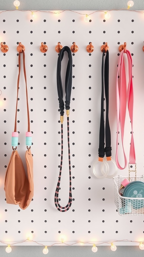 A pegboard wall with workout equipment including resistance bands and straps, decorated with string lights.