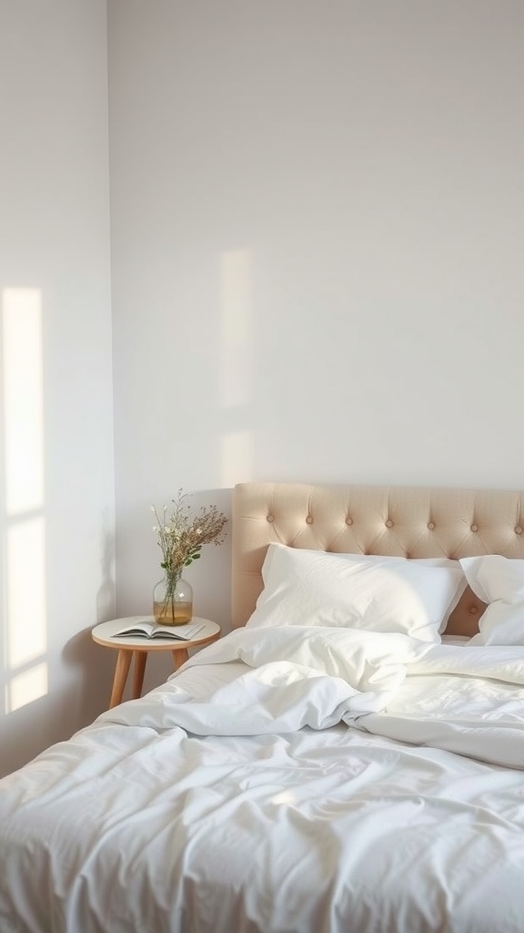 A cozy bedroom with a neatly made bed and a small vase with flowers on a bedside table.
