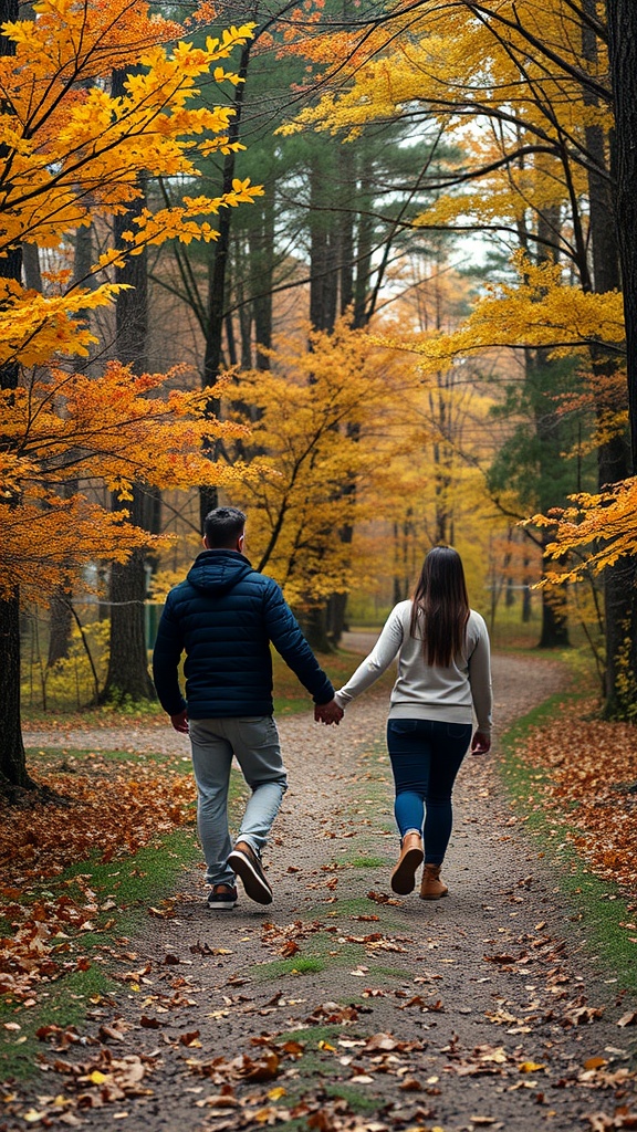 A couple walking hand in hand along a tree-lined path with autumn leaves.