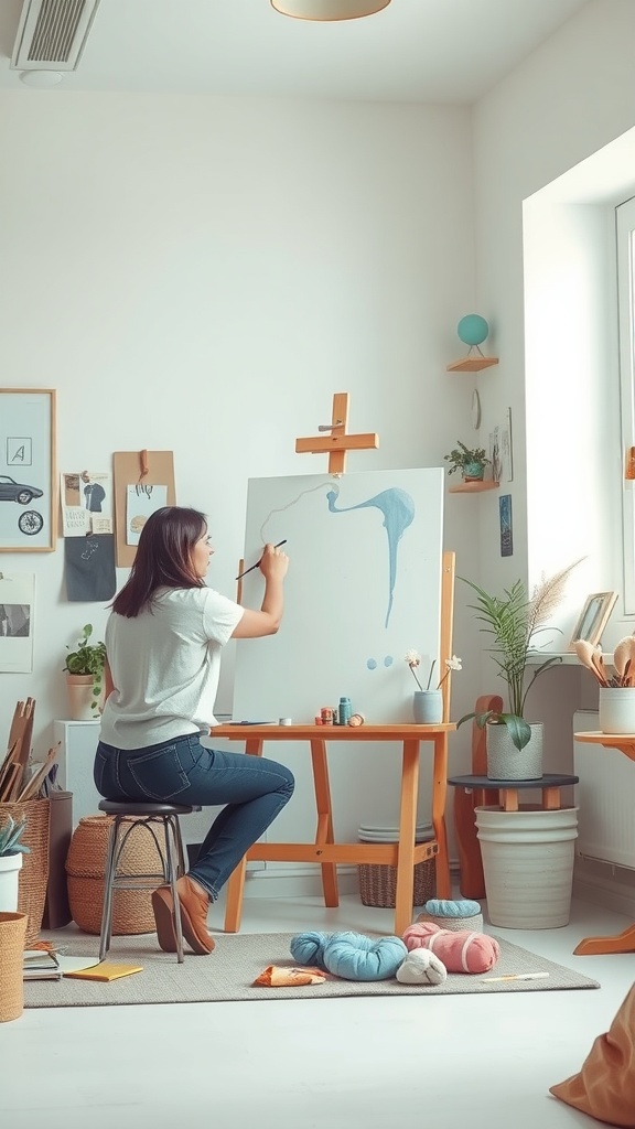 A person painting on an easel in a bright, cozy room with art supplies around.