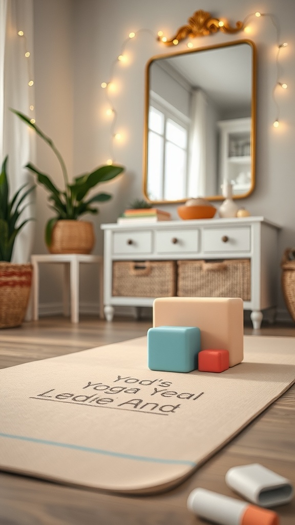 A cozy yoga space featuring a mat and blocks with soft lighting and plants.