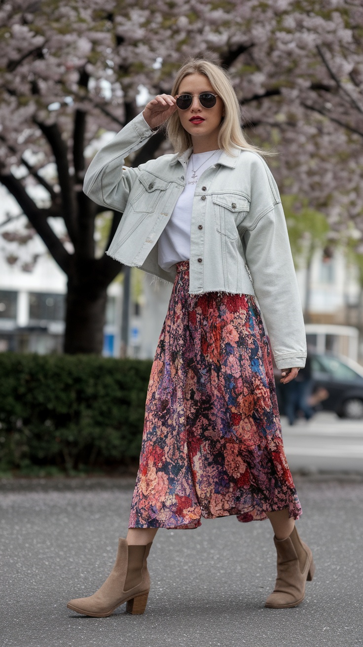 A woman wearing a floral midi skirt and a denim jacket, walking outdoors.