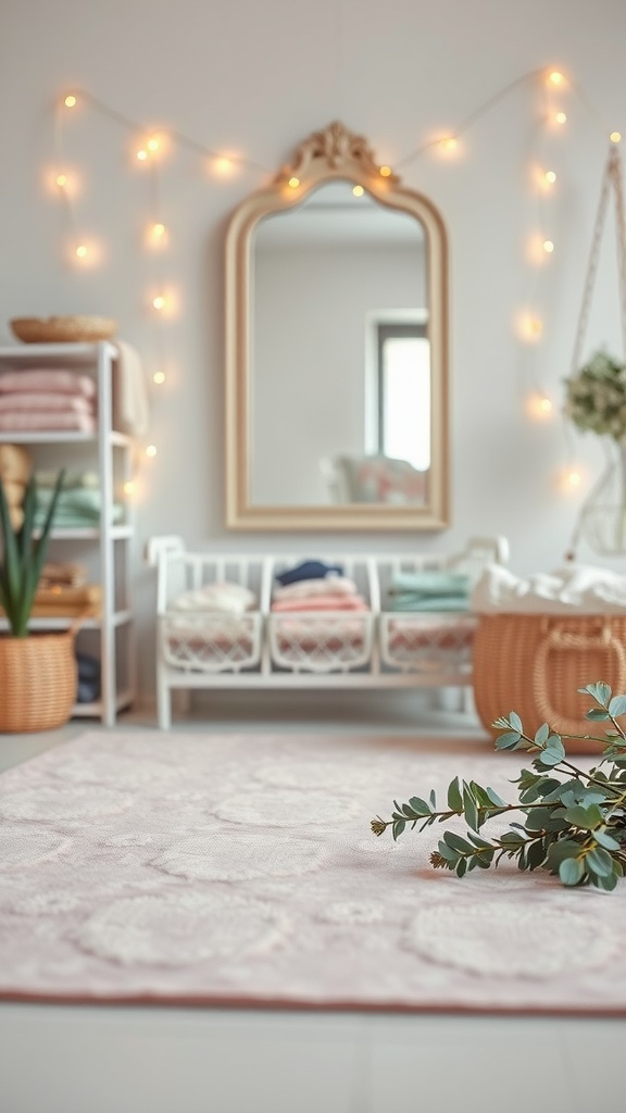 A cozy flow space for yoga and exercise featuring a mirror, soft lighting, a rug, and plants.