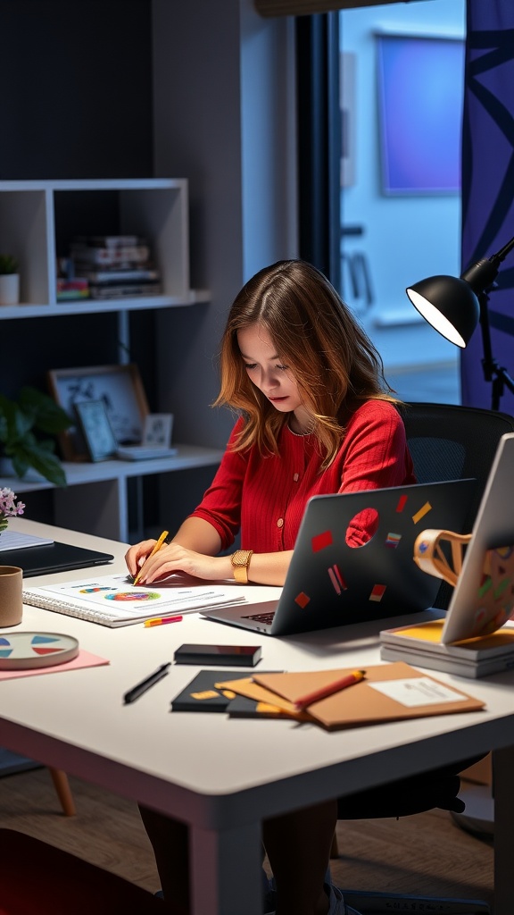 A woman working on graphic design at her desk with a laptop and sketchbook.