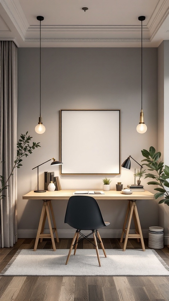 A cozy home office featuring stylish lighting, a wooden desk, and a black chair.