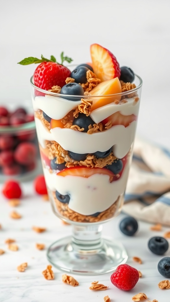 Greek yogurt and fruit parfait in a glass with layers of yogurt, berries, and granola.