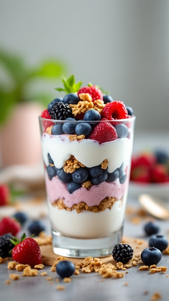 A delicious Greek yogurt parfait layered with granola and fresh berries.
