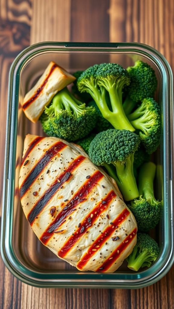 A meal prep container filled with grilled chicken breast and broccoli.