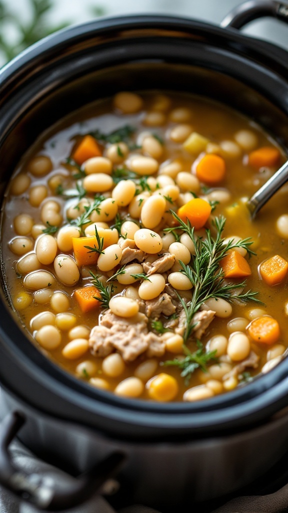 A bowl of herbed turkey and white bean soup with vegetables and herbs