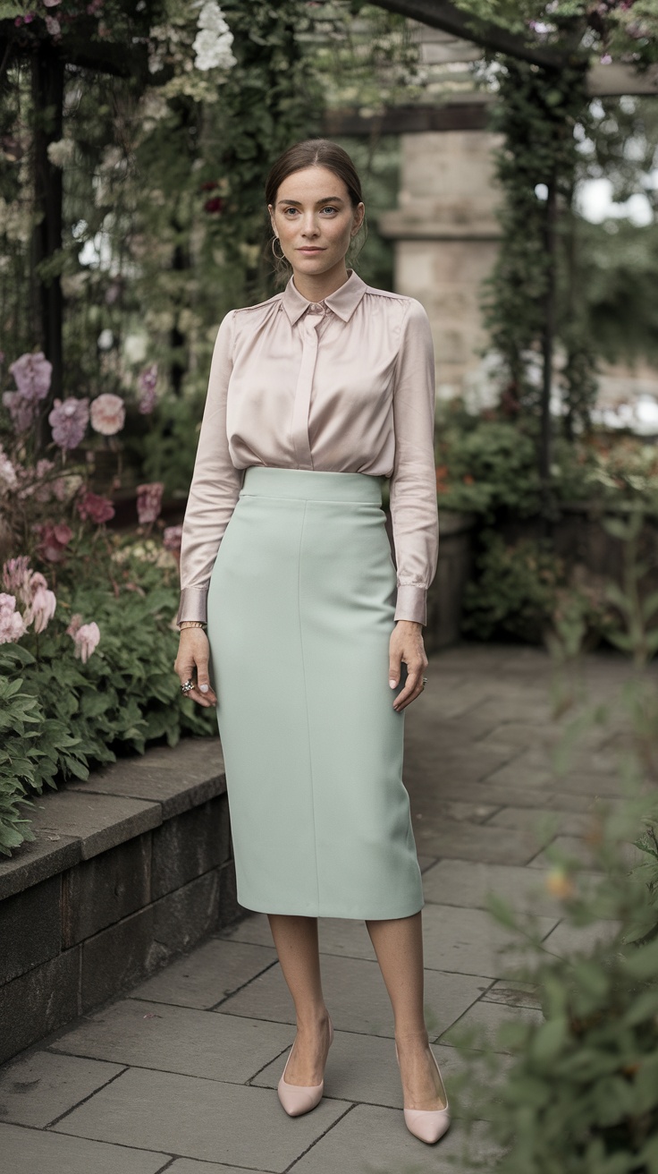 A woman standing in a garden wearing a high-waisted pencil skirt and a tucked blouse.