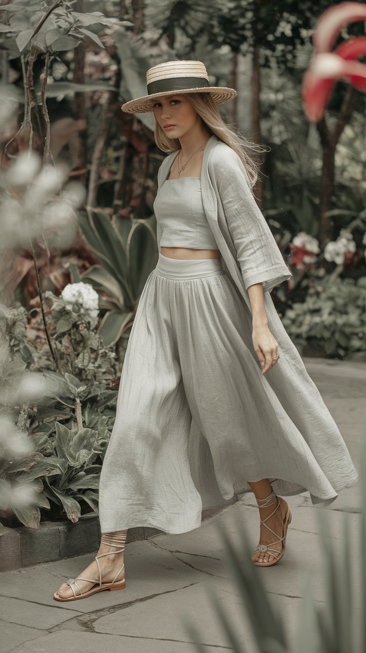 A woman walking in a garden wearing high-waisted wide-leg culottes with a cropped top and a hat.