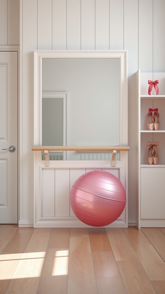 A bright home barre setup featuring a large mirror, a wooden barre, a pink exercise ball, and ballet shoes.
