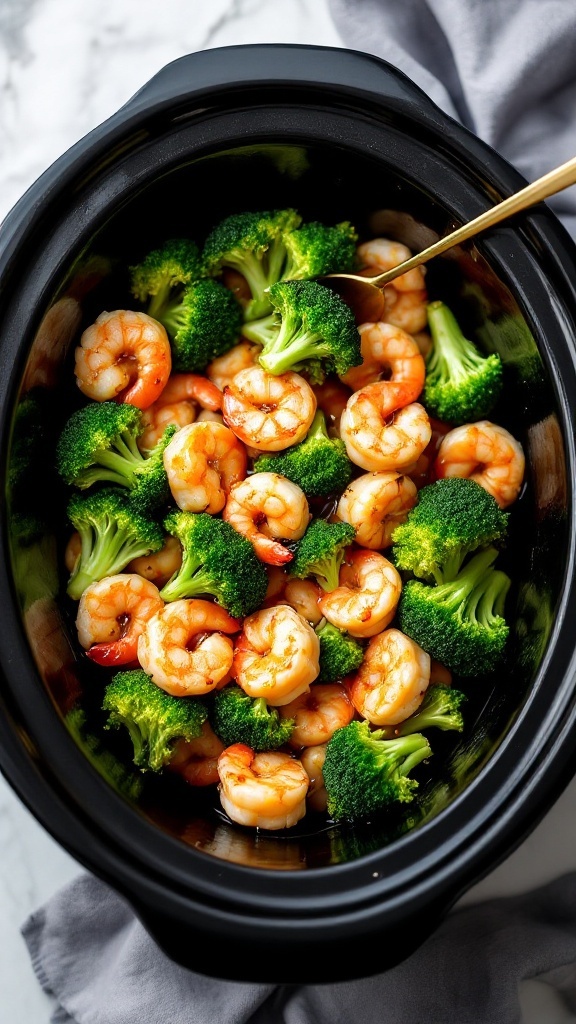 A slow cooker filled with honey garlic shrimp and broccoli.