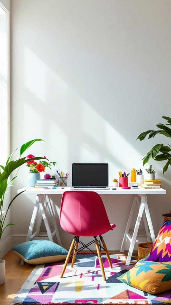 A bright and colorful home office setup featuring a pink chair, colorful cushions, and a neatly organized desk.