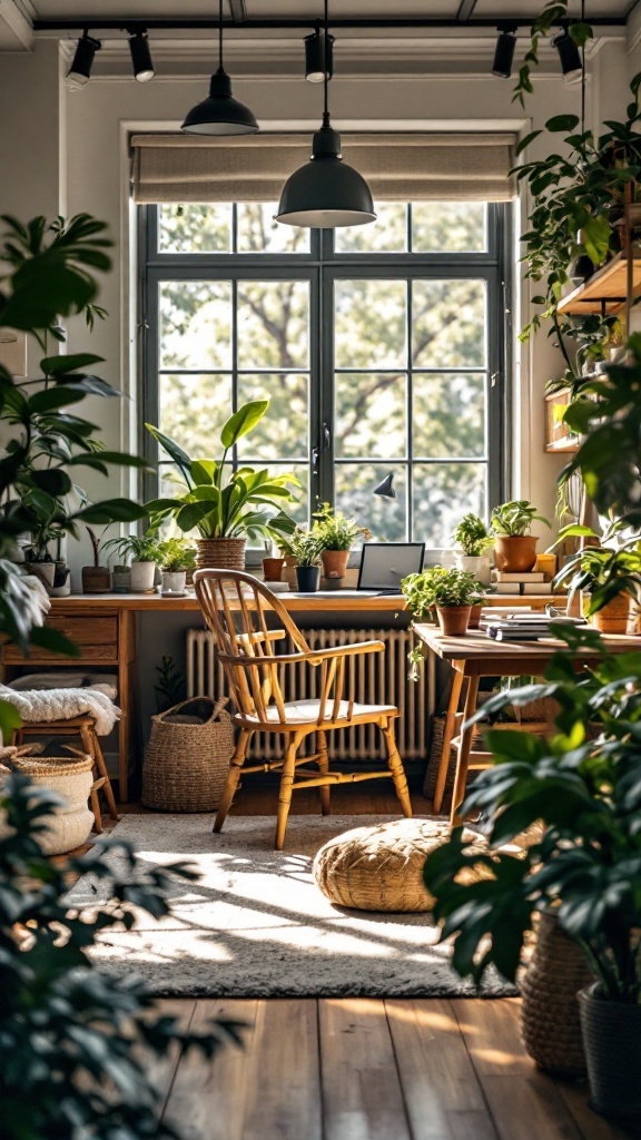 A cozy home office filled with plants, featuring a wooden desk and chair, with natural light streaming in.