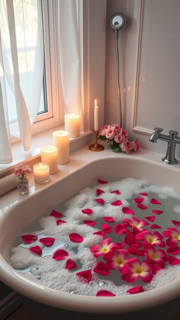 A luxurious bath with candles, flower petals, and soft bubbles.