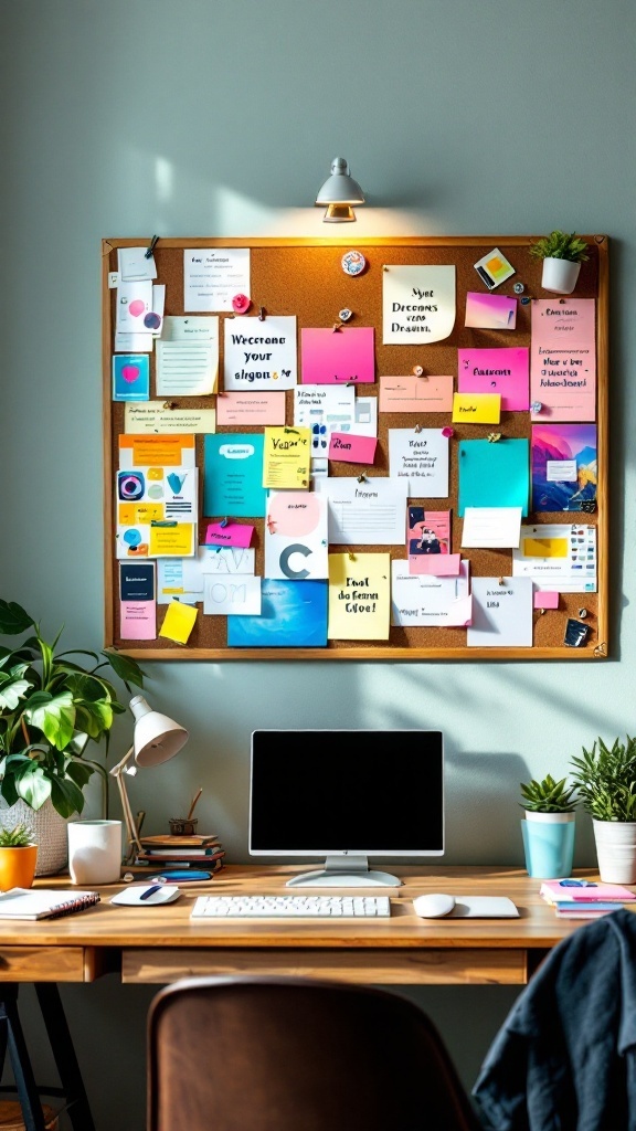 A cozy home office setup featuring a vision board filled with colorful notes and plants, alongside a computer and desk.