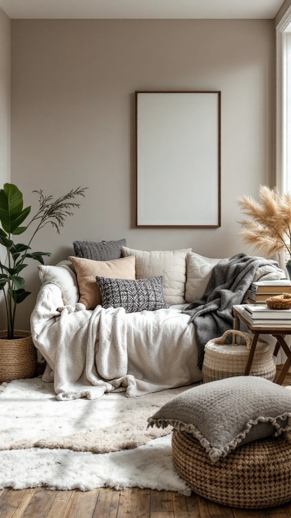 Cozy home office with layered textiles including pillows and blankets on a couch