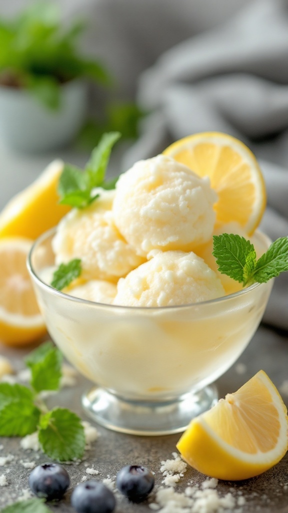 A bowl of lemon sorbet garnished with mint leaves and lemon slices.