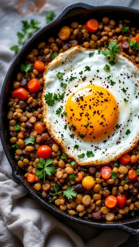 A delicious lentil and vegetable breakfast hash topped with a fried egg.