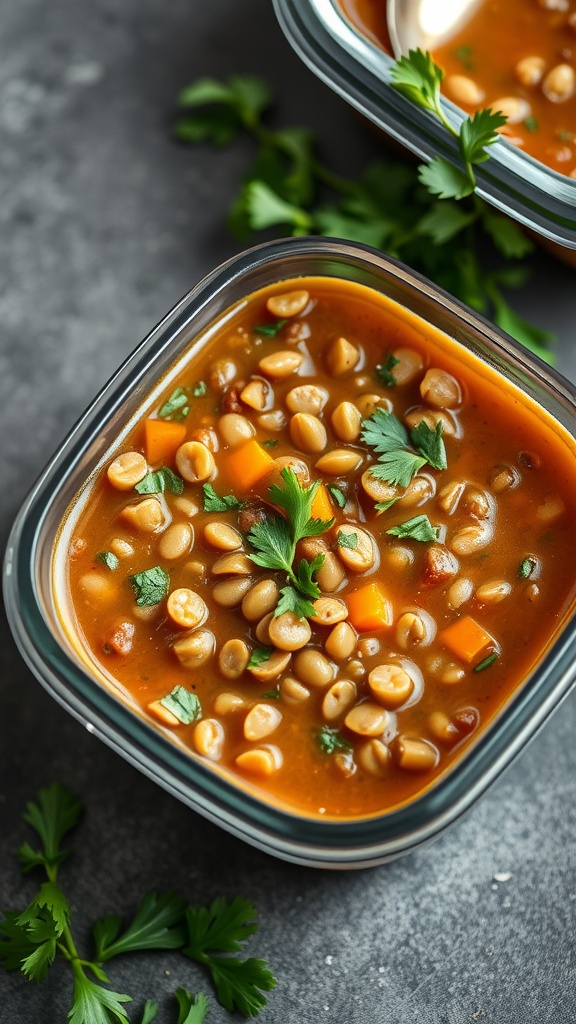 A bowl of lentil soup garnished with parsley, showcasing a warm and hearty meal.