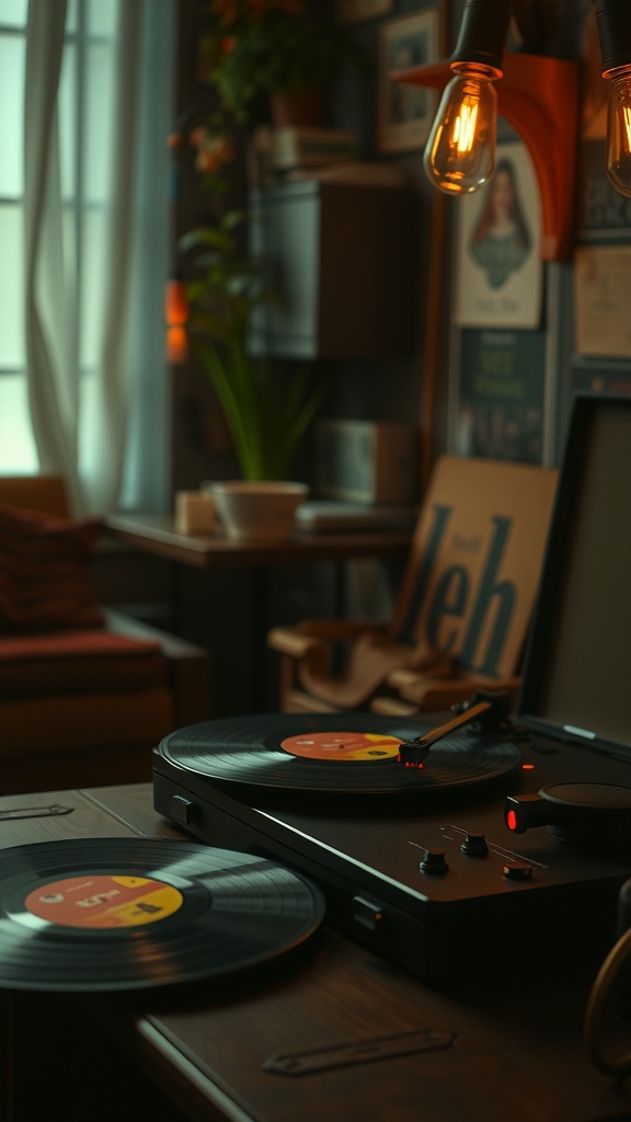 A cozy room with a vinyl player and warm lighting.