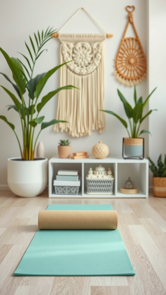 A serene home yoga space featuring a light blue mat, plants, and organized shelves.