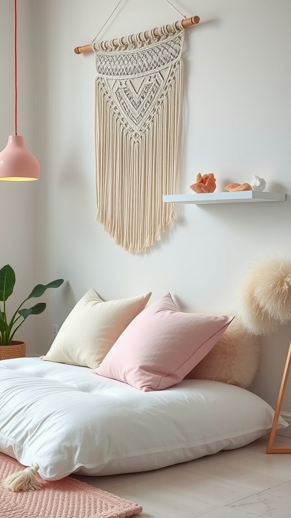Cozy meditation corner with soft bedding, decorative pillows, and a wall hanging.
