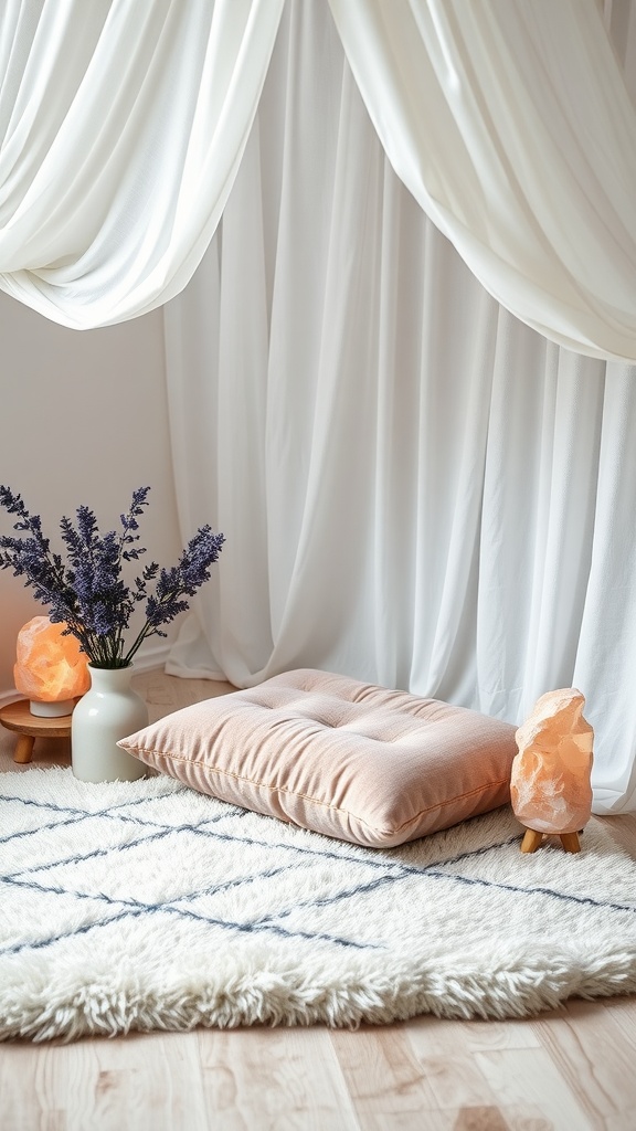Cozy meditation nook with a cushion, rug, and soft lighting