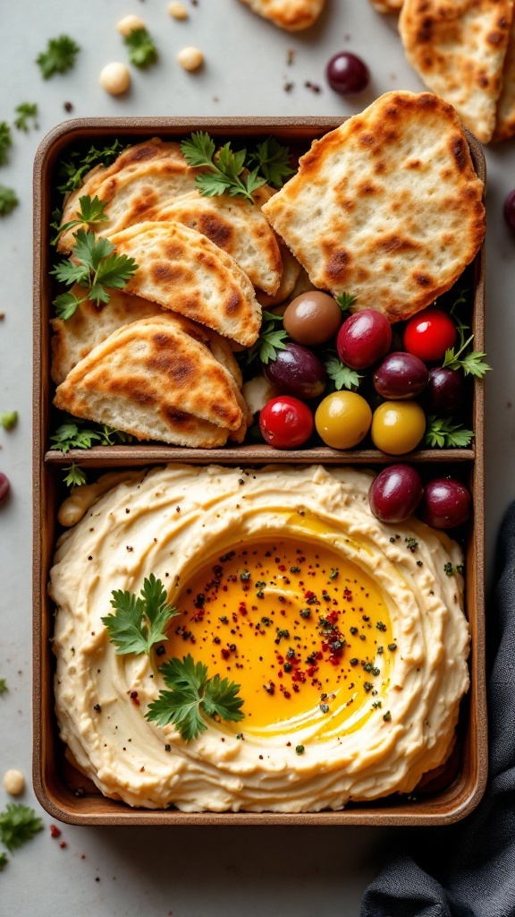 A bento box filled with hummus, bread, olives, and herbs.