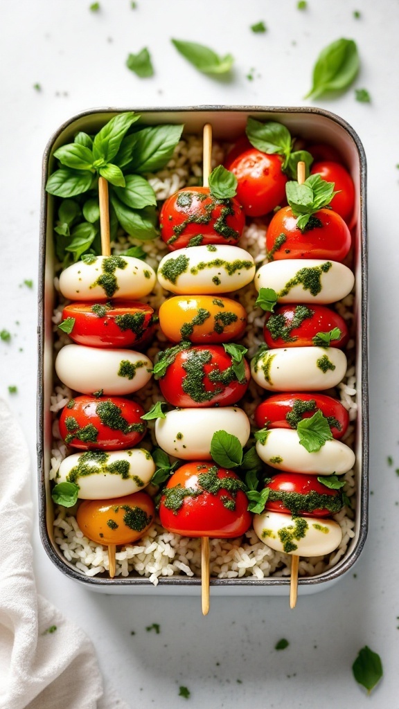 Mini Caprese skewers with pesto on a bed of rice.