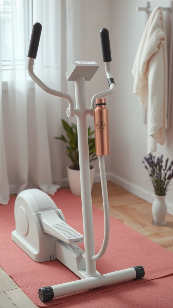 A compact elliptical machine in a home gym setup, with a water bottle and soft rug.