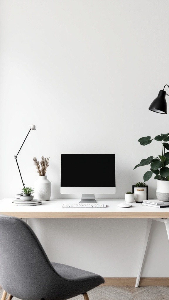 A modern, minimalist home office setup with a desk, chair, and plants.