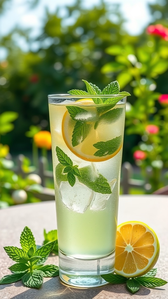 A refreshing Minty Green Tea Spritzer garnished with mint and lemon slices