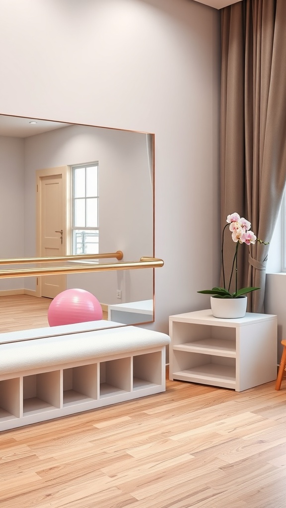 A well-designed home gym and yoga space featuring a large mirror, bench, and decorative elements.