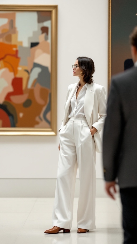 A woman in an elegant white suit standing in an art gallery, embodying monochrome minimalism.