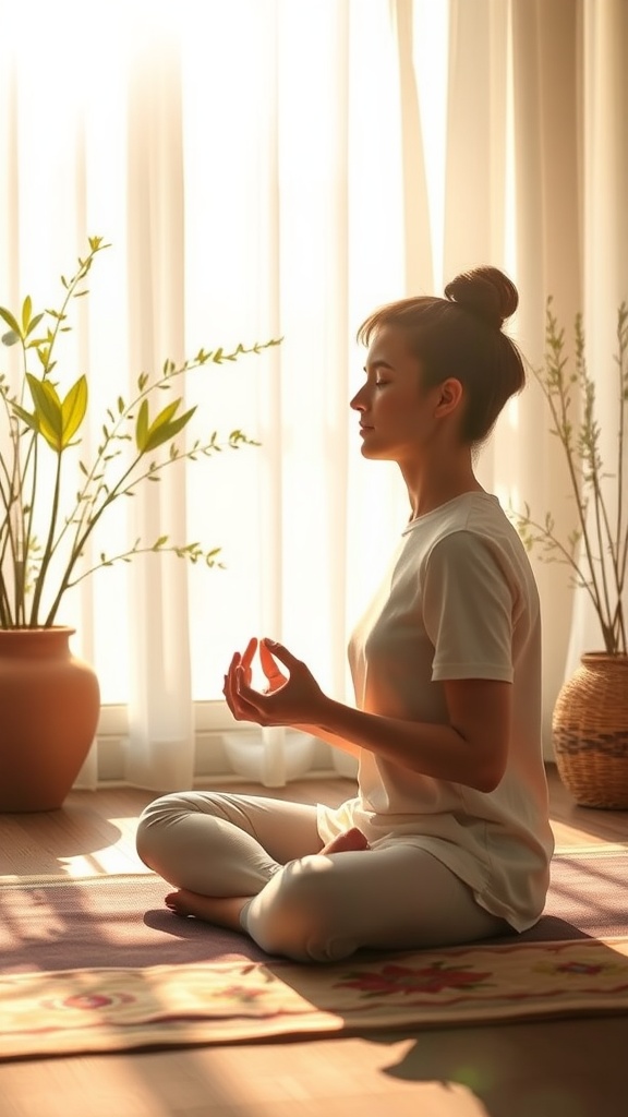 A woman practicing meditation in a sunlit room surrounded by plants.