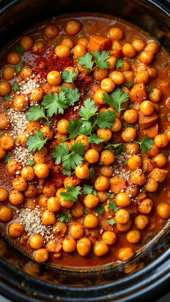 A close-up of Moroccan chickpea and sweet potato curry topped with fresh coriander